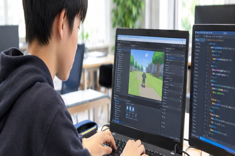 ゲームエンジンで3Dゲームを制作する中学生